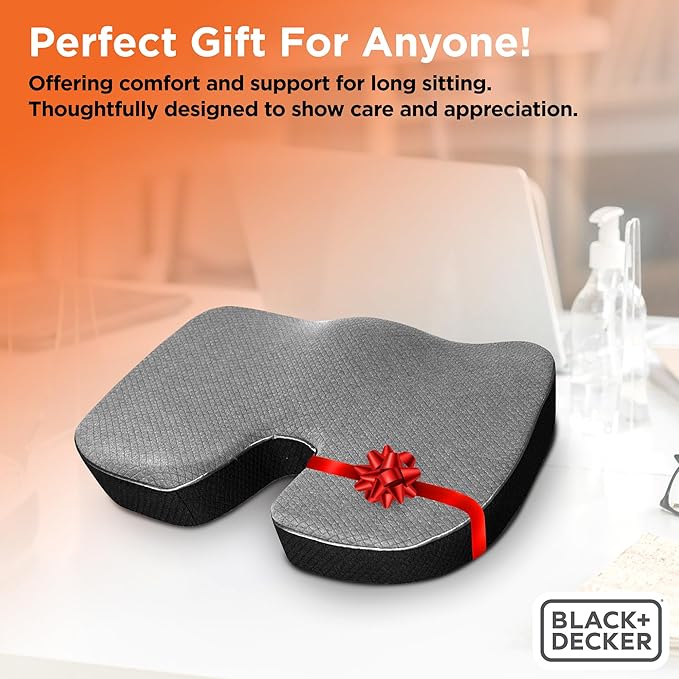 BLACK+DECKER Quilted Knit Memory Foam Seat Cushion U Seat Cushion for Office Chair, Car, Wheelchair & Airplane – Ergonomic, Pain Relief, Non-Slip Backing, Washable Cover, Black
