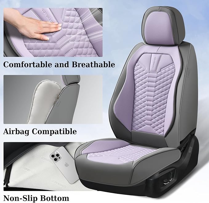 Coverado Car Seat Covers, Front Seat Cover, Waterproof Nappa Leather Seat Covers for Cars, Driver Car Seat Protectors, Gray and Purple Automotive Seat Covers Universal Fit for Most Cars