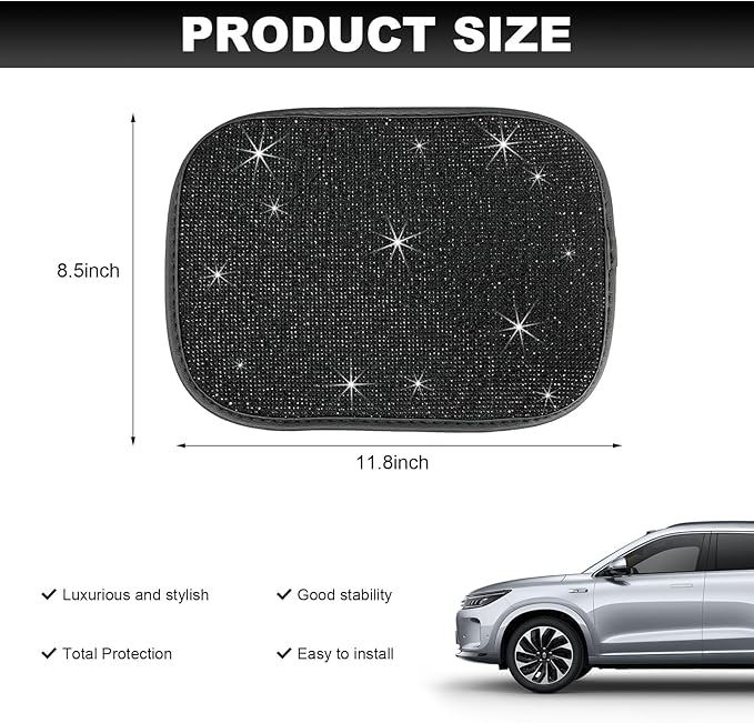 Bling Car Armrest Cover, 11.8"×8.5" Crystal Rhinestone Auto Center Console Protective Cover, Bling Charming Arm Rest Cushion Pad for Most Cars SUVs Trucks, Car Accessories (Black)