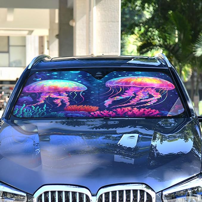 xigua Jellyfish Car Windshield Sunshade Foldable Front Window Sun Visor Protector for Car,SUV,Truck - Keep Vehicle Cool,55 x 27.6 Inch