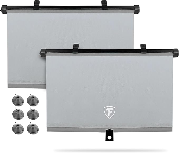 Firestone 2 Pack Retractable Car Window Sunshades - Blocks 99% UV Rays, Lightweight & Compact Car Side Window Screen with Automatic Retract Button, Blocks Glare & Heat, Gray
