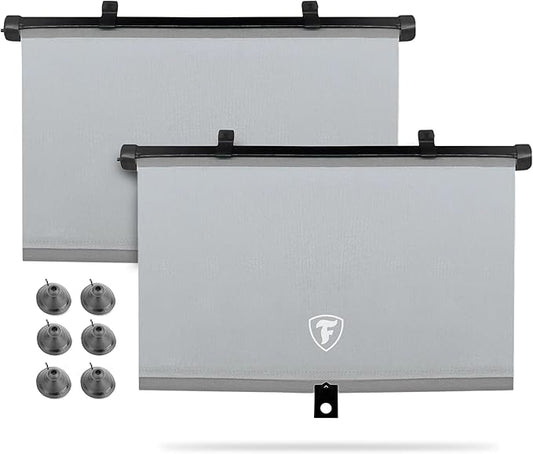 Firestone 2 Pack Retractable Car Window Sunshades - Blocks 99% UV Rays, Lightweight & Compact Car Side Window Screen with Automatic Retract Button, Blocks Glare & Heat, Gray