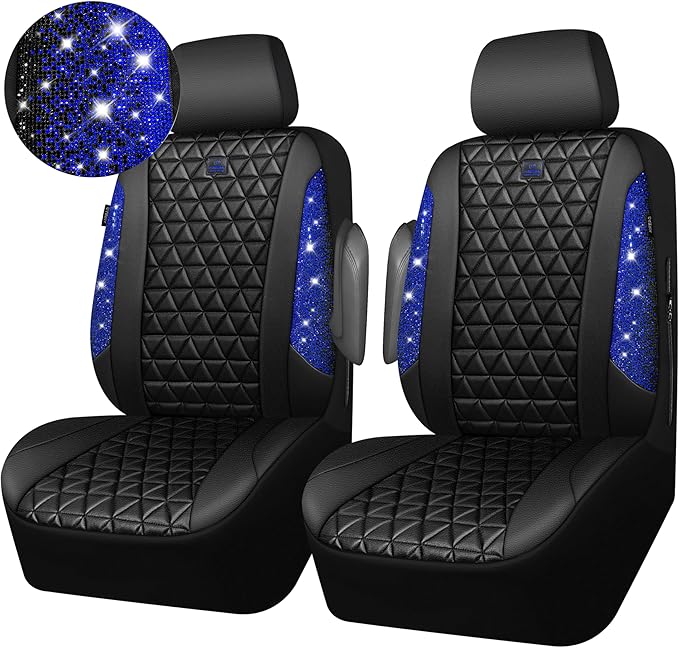 CAR PASS Bling Diamond Black Leather Car Seat Covers for 2 Front Interior Sets, Waterproof Shining Glitter Sparkly Crystal Universal Armrest Fit Automotive Truck SUV Cute Women Girl, Blue Rhinestone