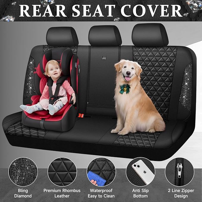 CAR PASS Bling Back Seat Cover, Waterproof Leather Bench Rear Seat Cover Shining Diamond Truck Glitter Crystal Sparkly Rhinestone Universal Fit Armrest Automotive Kid Women Girl, Black Diamond