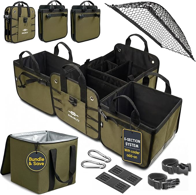 5-Section Extra Large Trunk Organizer – Heavy Duty 1680D Oxford, Collapsible & Foldable Car Cargo Organizer, Modular Multi-Shape Storage System for SUV, Truck, Van – Military Green