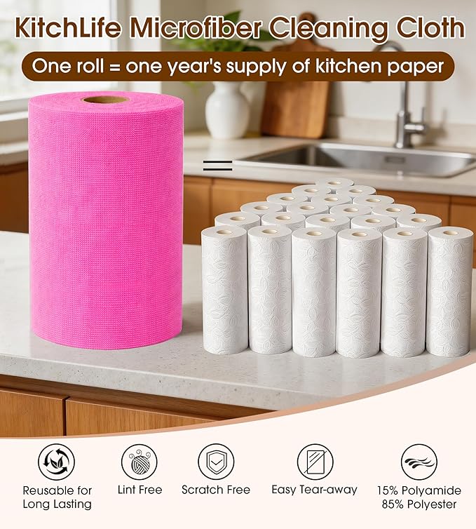 KitchLife Microfiber Cleaning Cloth Roll, 100 Pack - Tear-Away Microfiber Paper Towels, Lint-Free, Reusable, Washable for Kitchen, Car, Dishes, and Sensitive Surfaces (Hot Pink)