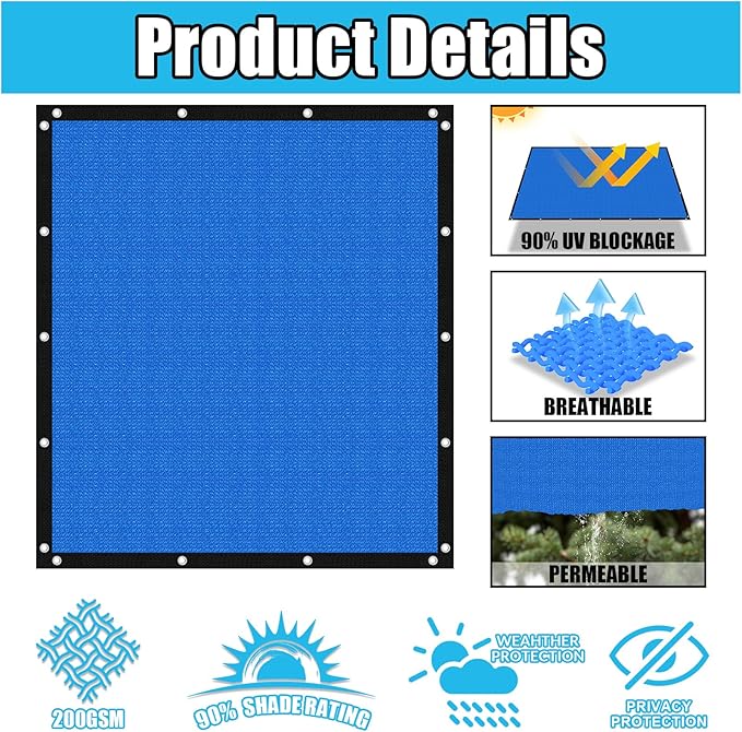 Amagenix 90% Pergola Shade Cover 6' X 18' Sun Shade Cloth with Grommets for Outdoor Garden Patio Porch, Commercial Grade 200 GSM - Cable Zip Ties Included (We Customized) GN108, Blue