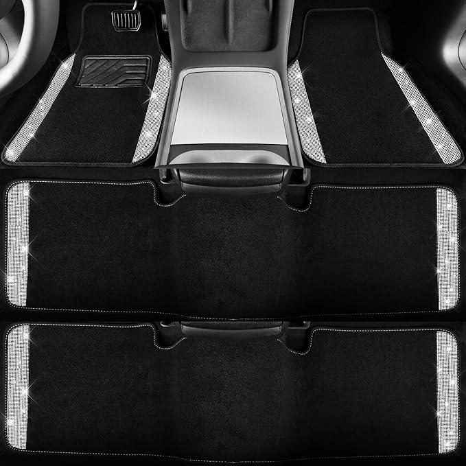 CAR PASS 3 Row Bling Diamond Car Mats Shining Carpet Rhinestones Sparkly Glitter Floor Mats Anti-Slip PVC Heel Pad Universal for Automotive SUV,Sedan,Van, 3rd Row 2 Rear for Girl Women, Black Silver