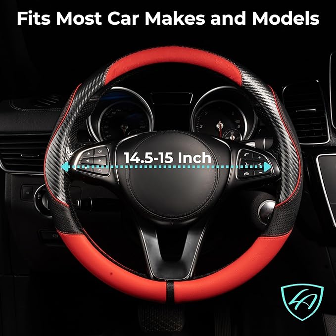Lord Autofashion Steering Wheel Cover – PU Leather, Non-Slip Rubber Inner, All-Season Comfort – 14.5–15 Inch (Black/Red 7685)