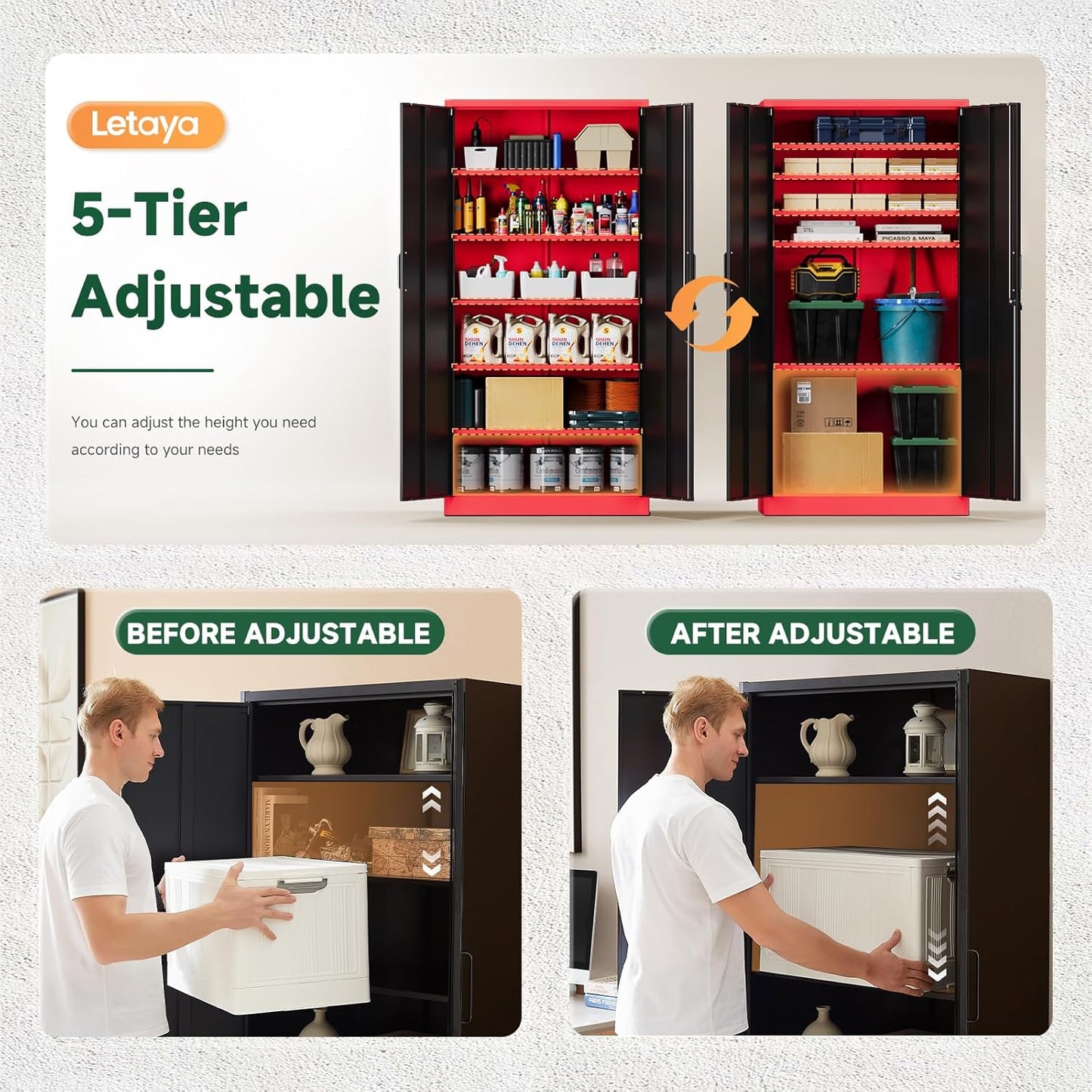 Letaya Metal Garage Storage Cabinets with Lock, 71" Tall Locker Organizer Steel Tool Cabinets,5 Adjustable Shelves 2 Doors for Home Office, Warehouse,Garage,Industrial,Employee (Black Red)