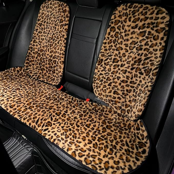 Leopard Print Car Seat Covers Fluffy Front Rear Car Seat Covers Set Lumbar Support Pillow Car Accessories for Women (backrest) (Rear Car Seat Cover)