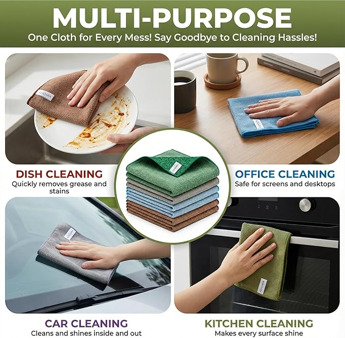 2-in-1 Scrub & Wipe Microfiber Cleaning Cloths – Non-Scratch Scrubbing Side + Soft Absorbent Side – Reusable Dual-Sided Cleaning Towels (12 Pack)