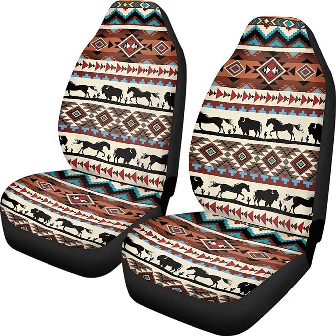 ELEQIN Aztec Horse Yak Car Seat Covers, Front Car Seat Cushion, 2 PCS Canvas Auto Cushion Protector Universal Fit Most Cars, Automotive Interior Decor