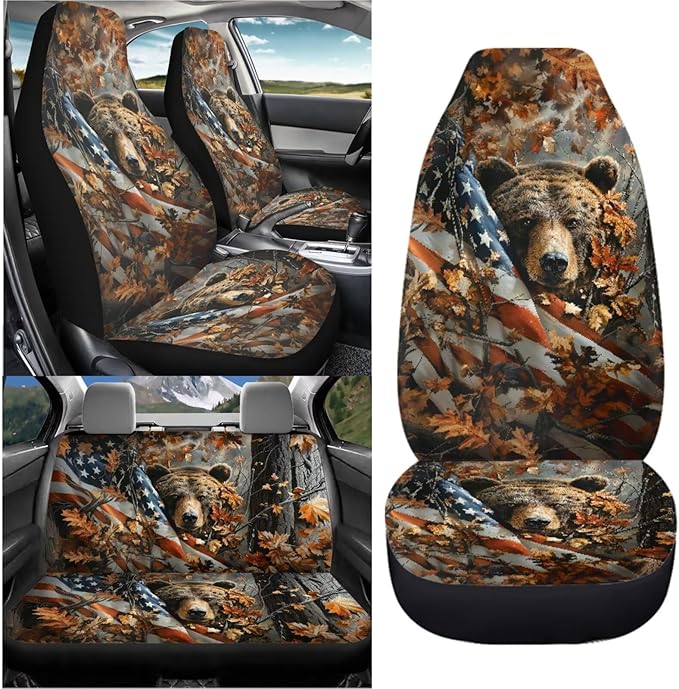 KEIAHUAN Car Seat Covers Front & Rear American Flag Brown Bear Automotive Bucket Seat Covers & Rear Split Bench Seat Cushion Pads Fit Most Cars, Trucks, SUV or Vans