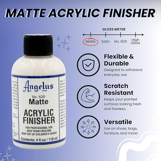 Angelus Matte Acrylic Finisher 4 fl oz – Flexible Clear Coat for Leather Shoes, Bags, Jackets & Accessories, Matte Acrylic Sealer Varnish for Leather Craft & Restoration. No. 620