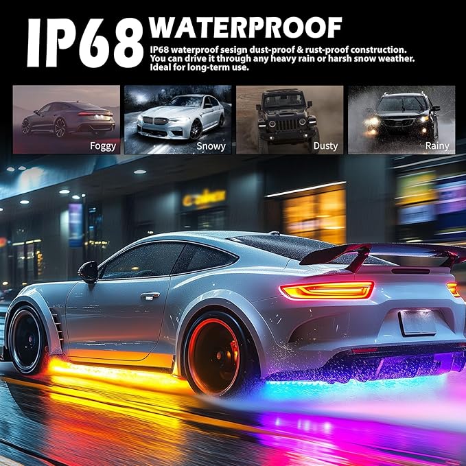 Underglow Light Kits 2-Rows,Neon Accent Strip Lights, 6PCS RGB LED Under Glow Light Kit for Car,Waterproof Exterior Car Light Strips for Van SUV Truck,with APP & RF Remote Control,DC 12V