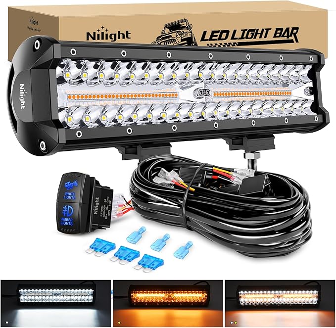Nilight 12Inch Off-Road LED Light Bar, 300W 3 Lighting Modes (White/Amber/White&Amber) Driving Fog Light Spot Flood Lights with 16AWG Wiring Harness for Truck Car ATV SUV Jeep Boat