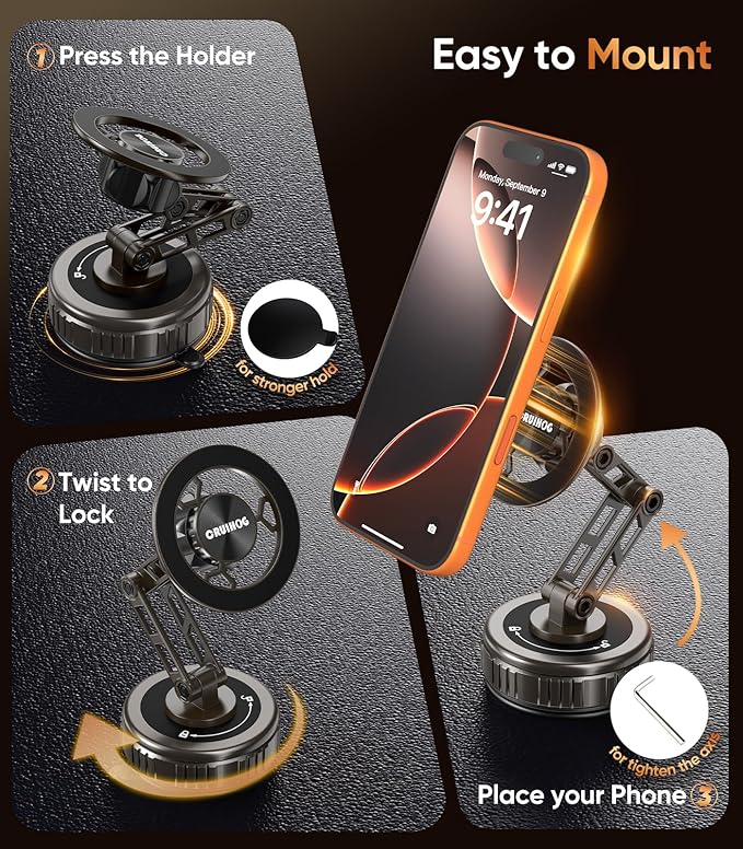 Car Phone Holder,3-AXIS Telescopic Arm Magnetic Phone Mount, 360° Rotatable & Adjustable & Foldable Vacuum Suction Phone Stand,Phone Holders for Your Car/Dashboard/Windshield/Gym/Mirror