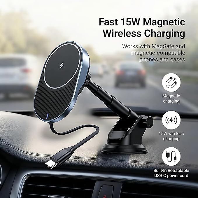 IJS Magnetic Wireless Car Charger with Built-in Retractable Cable – Extendable Windshield & Dashboard Phone Mount – 15W Magsafe Compatible – Fast Charging for iPhone 17/16/15/14/13/12, Samsung, Pixel