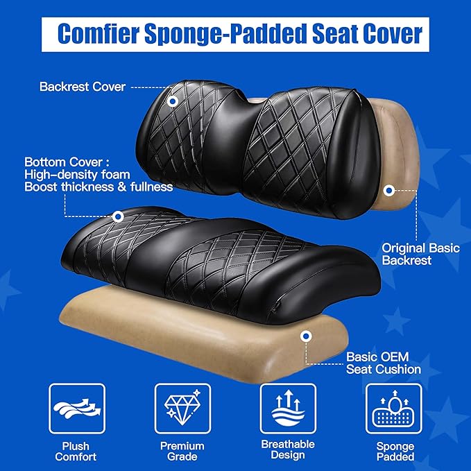 NOKINS Golf Cart Diamond Seat Covers Kit with Sponge Padding - Fit for Most OEM Standard Front Seats, OEM Standard Seat Upgrade Seat Covers (Fit for Club Car Precedent 2004-UP)