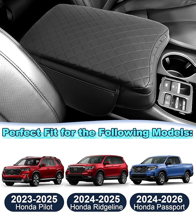 Armrest Cover for Honda Pilot/Passport/Ridgeline Center Console Pad with Organizer Storage Pockets, Black Faux Leather Arm Rest Lid Protector Cushion Interior Accessories (2023-2025)