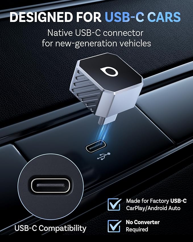 OTTOCAST USB-C Mini 3.0 Wireless CarPlay & Android Auto Adapter – for Apple iPhone/AndroidPhone, 2-in-1 Multi-User Type-C Wireless Bluetooth Dongle, for Cars with Wired CarPlay/Android Auto (Silver)