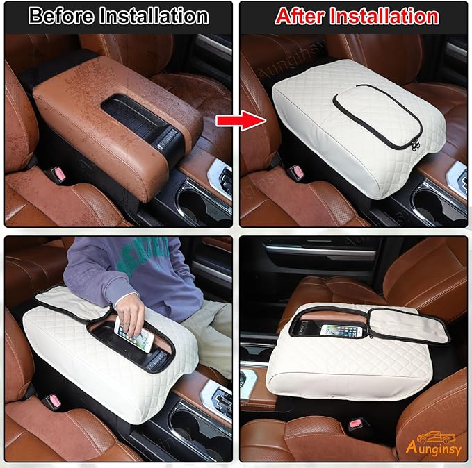 Aunginsy Leather Center Console Armrest Cover Compatible with Toyota Tundra 2014-2021, Car Middle Console Cushion Lid Pad Protector, Waterproof Armrest Seat Box Cover with Storage Bag Accessories