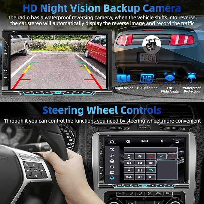 Double Din Car Stereo with Carplay&Android Auto,7 Inch HD Touchscreen Car Radio Support CD DVD Player,Bluetooth,Backup Camera,Mirror Link,SWC,Subwoofer,USB/TF/AUX Input, AM/FM Car Stereo Receiver