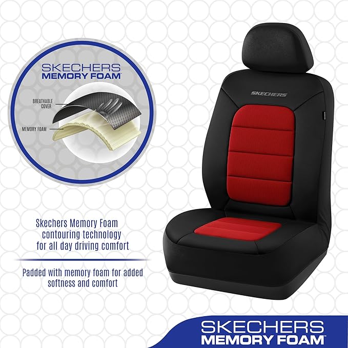 Skechers Memory Foam Seat Covers,Thick Cool Touch Fabric Seat Covers,Front Seat Covers Airbag Compatible,Automotive Comfort Protection for Most Cars,Vans,Trucks,SUV,Red