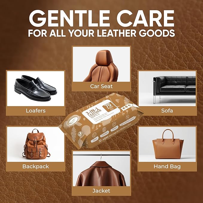 Air Jungles 3in1 Leather Cleaner Wipes 70 Count, Extra Large 8" x 10" Size, Clean Condition Protect Wipes for Vinyl and Leather Apparel Furniture Auto Car Interior Shoes Boots Bags