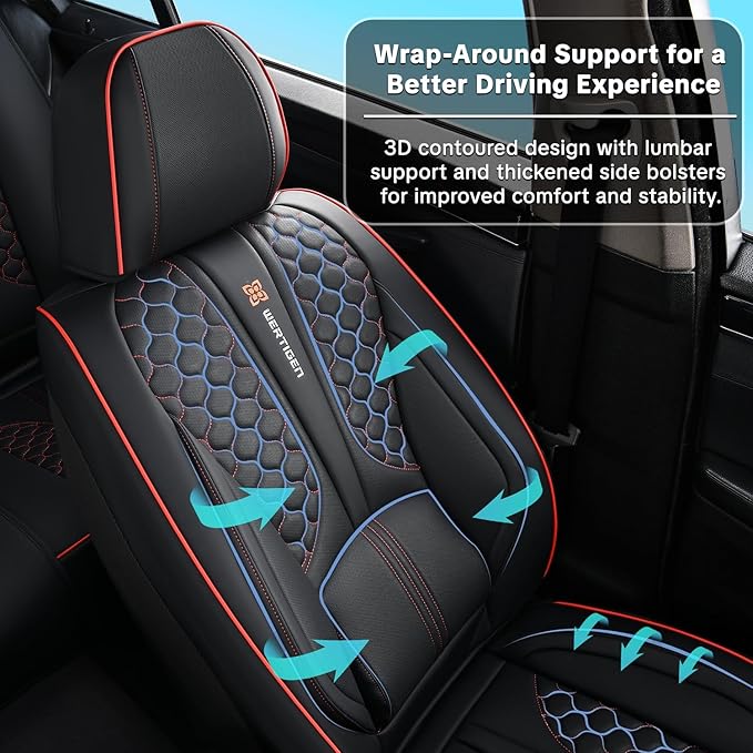 Universal Car Seat Covers, Black with Red Trim, Premium Nappa Leather, with Lumbar Support, Waterproof, Full Set, Non-Slip, Contoured Fit, Airbag Compatible, Fits Suvs, Sedans, Pickup Trucks