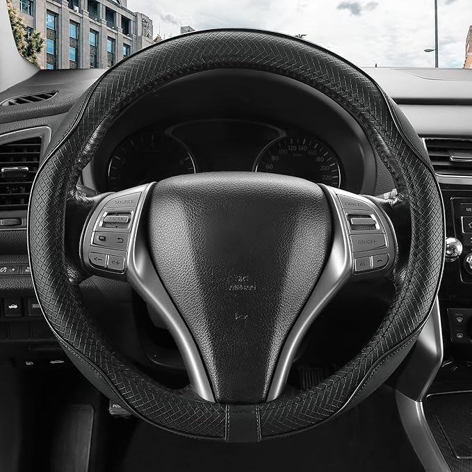 Leather Car Steering Wheel Cover,Anti-Slip, Safety, Soft, Breathable, Heavy Duty, Thick, Full Surround, Sports Style,Universal Car Accessories for Women Men Fit 14" 1/2-15"(Black)