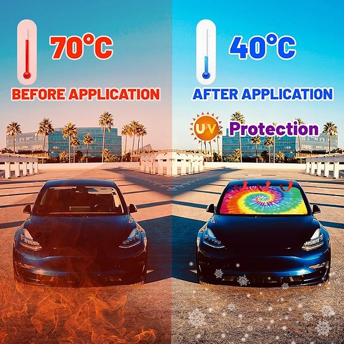 CHILL�TEK Car Windshield Sun Shade Umbrella, Fashion Tie Dye Foldable Umbrella Sunshade for Front Window UV Reflector Protection Auto Shades Cover red 1,57x31 In
