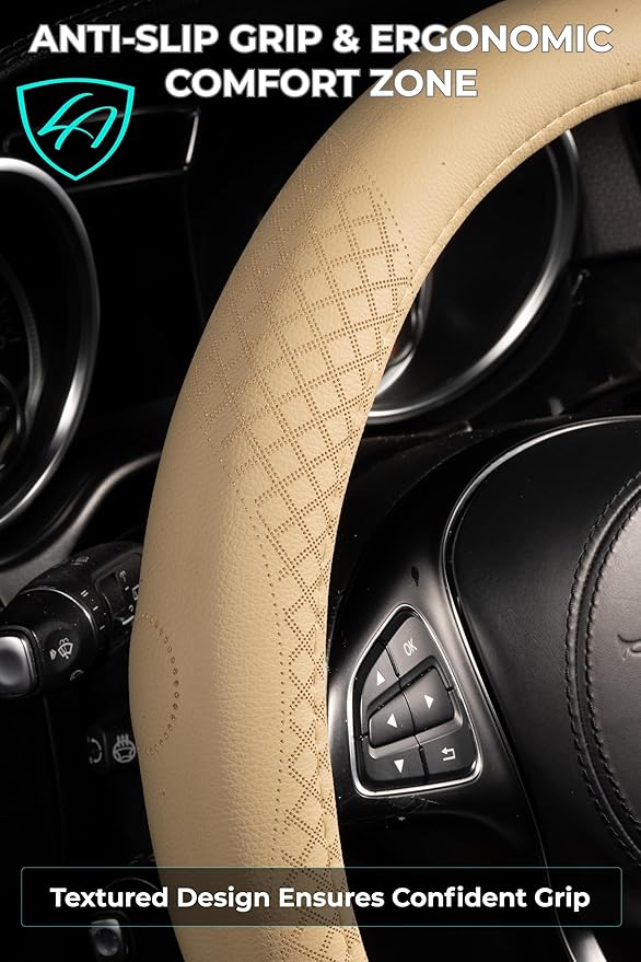 Lord Autofashion Steering Wheel Cover – PU Leather, Non-Slip Rubber Inner, All-Season Comfort – 14.5–15 Inch (Beige 9283)