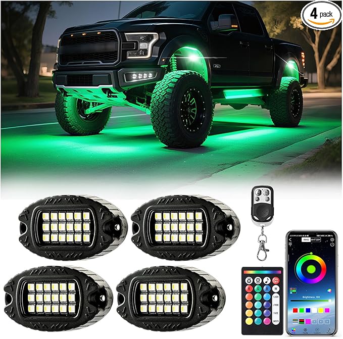 4 Pods Alloy RGBW Rock Lights，LED Upgraded RGB Underglow Lights for ATV UTV Golf Cart Truck RZR SXS Offroad Jeeps, IP68 Waterproof Metal Multicolor Underglow Kit with APP/RF Remote Music Mode,12V