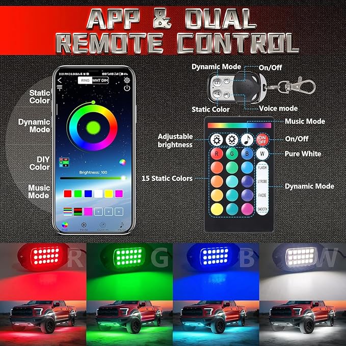 16 Pods RGBW LED Rock Lights for Truck Jeep Wrangler ATV UTV Golf Cart RZR RV Van Boat Offroad SUV Cars Pickup Sedans, Waterproof Multicolor Neon Underglow Kit with APP/RF Remote Music Mode