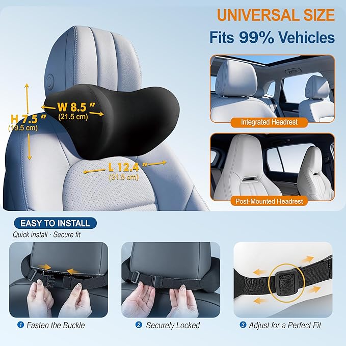 2-Pack Car Neck Pillow: Ergonomic Memory Foam Car Headrest Pillow, Neck Support Pillow for Long Drives, Headrest Support Cushion for Pain Relief, Universal Fit for Cars, SUVs & Trucks – Black