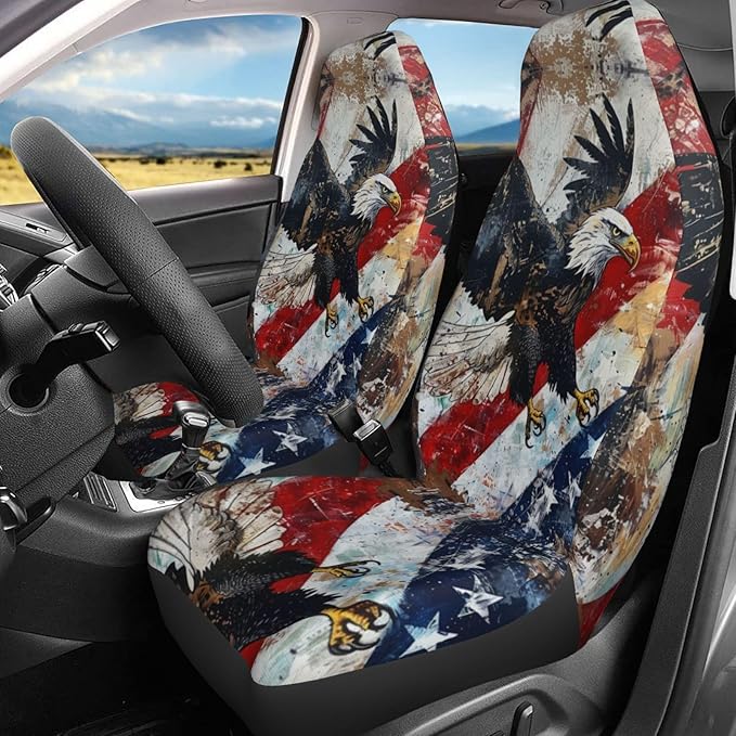 Delerain Car Seat Covers Set 2Pcs, Flying American Flag with Eagle Universal Front Car Seats Vehicle Enterior Protector Suitable Fits Most Car Auto SUV Sedan Truck