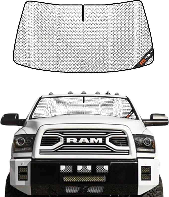 Windshield Sun Shade for Ram 2500/3500 2010-2018. Full Coverage Rearview Mirror Shade for Ultimate Protection