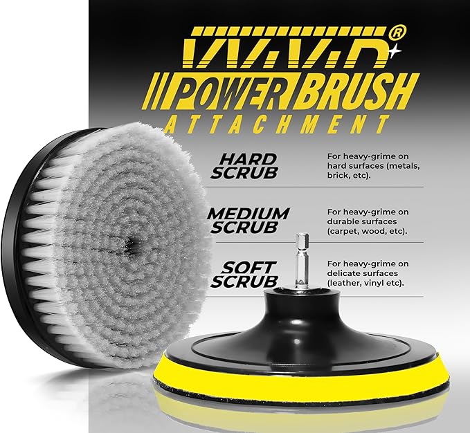 VViViD Drill Backing Plate + Power Scrub Brush Attachment, 4” inch / 100mm Diameter Surface Area, Hard Bristles