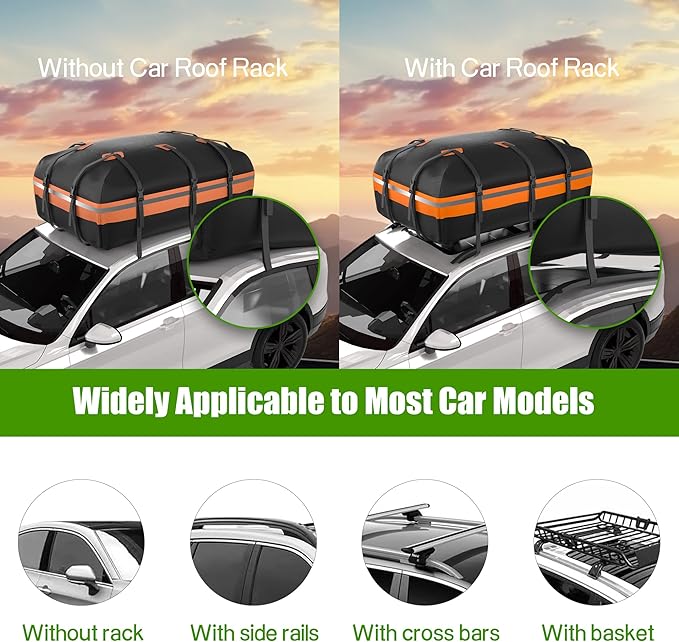Rooftop Cargo Carrier - Car Roof Bag, 1000D PVC Soft-Shell Waterproof for Cars with/Without Racks, Includes Anti-Slip Mat, Storage Bag, Luggage Lock, 6 Extra Straps, 21 Cubic Feet