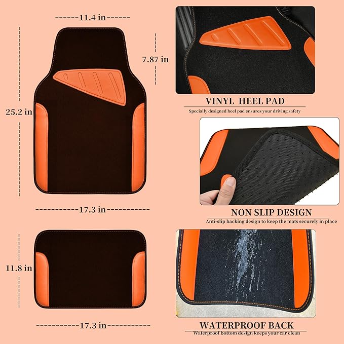 CAR PASS Waterproof Universal Fit Car Floor Mats, Faux Leather Car Carpet Mats,Car Mats with Anti-Slip Nibbs Backing & Driver Heel Pad Fit for SUV,Vans,sedans, Trucks,Set of 4pcs (Orange)