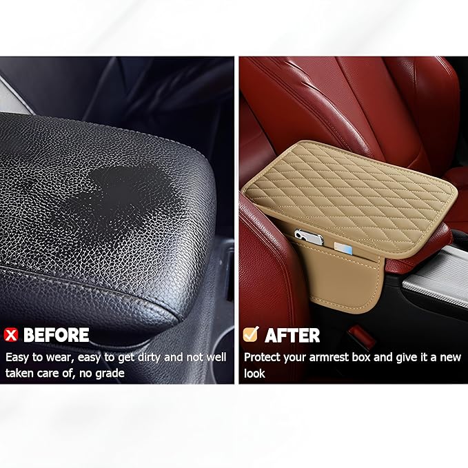 Car Center Console Cover, Leather Vehicle Armrest Seat Box Cushion Pad with Storage Bags, Waterproof Automotive Middle Console Protector, Universal for SUV RV Truck (Beige)