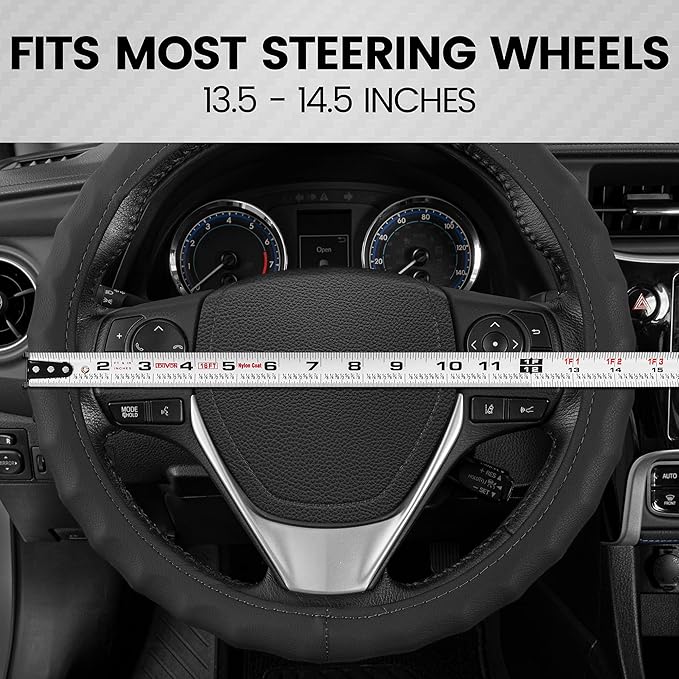 BDK Genuine Black Leather Steering Wheel Cover for Car, Small (13.5" - 14.5") – Ergonomic Comfort Grip for Men & Women, Car Steering Wheel Cover for Vehicles with Small Steering Wheels