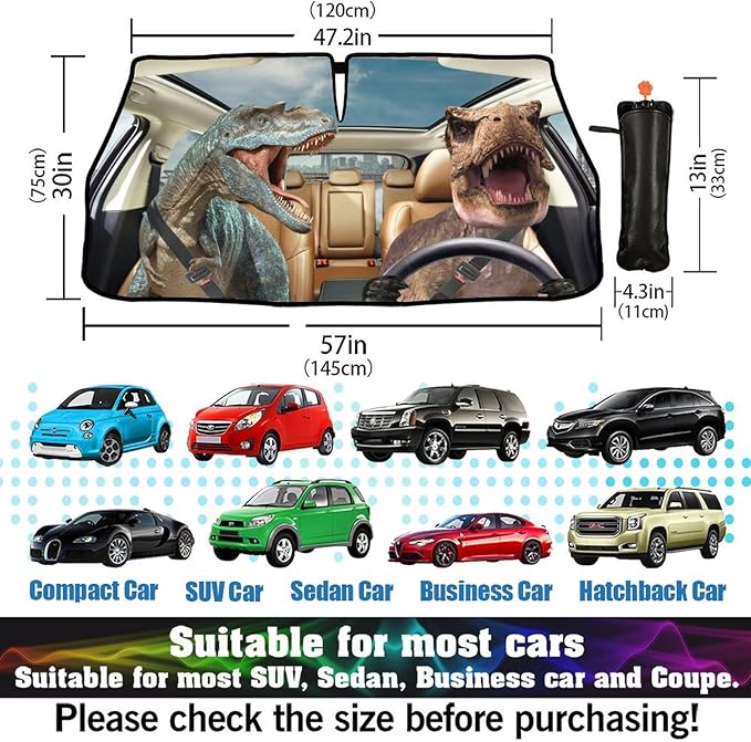 Socira Dinosaur Car Windshield Sunshade Umbrella Foldable Funny Visor Umbrella Sun Shade Cover Sunshade Front Window Cover Dinosaur Car Accessories Blocks Uv Rays (57" X 30")