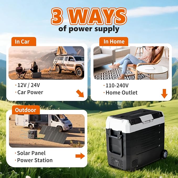 OLIXIS Portable Car Refrigerator, 53QT Dual-Zone Electric Cooler for Vehicles with Wheels & Cutting Board, -4℉-68℉ Freezer Smart Control via Bluetooth, Battery Protection, 12/24V DC & 100-240V AC