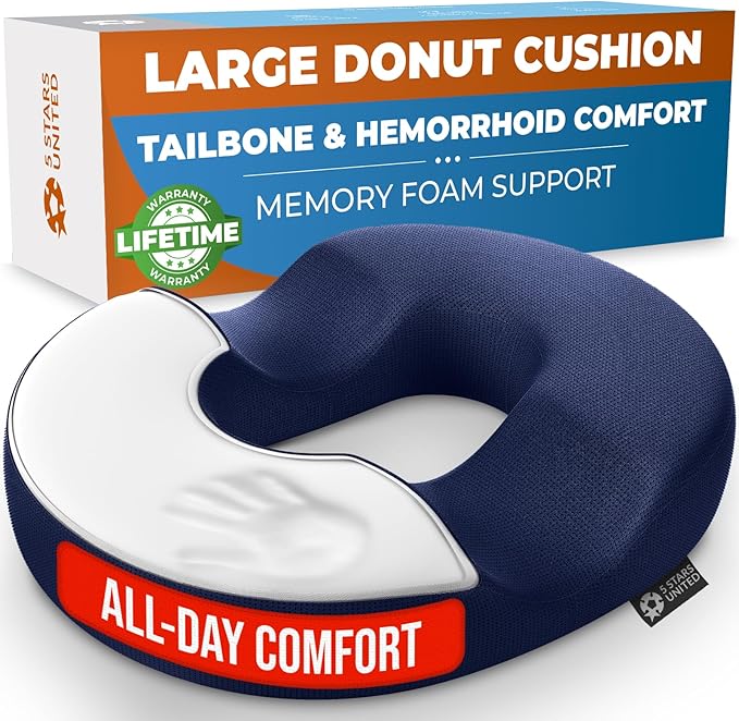 5 STARS UNITED Donut Pillow Hemorrhoid Tailbone Cushion – Large Floor Cushion for Pain Relief – Coccyx, Prostate, Sciatica, Pelvic Floor, Pressure Sores, Pregnancy, Postpartum Recovery, Blue