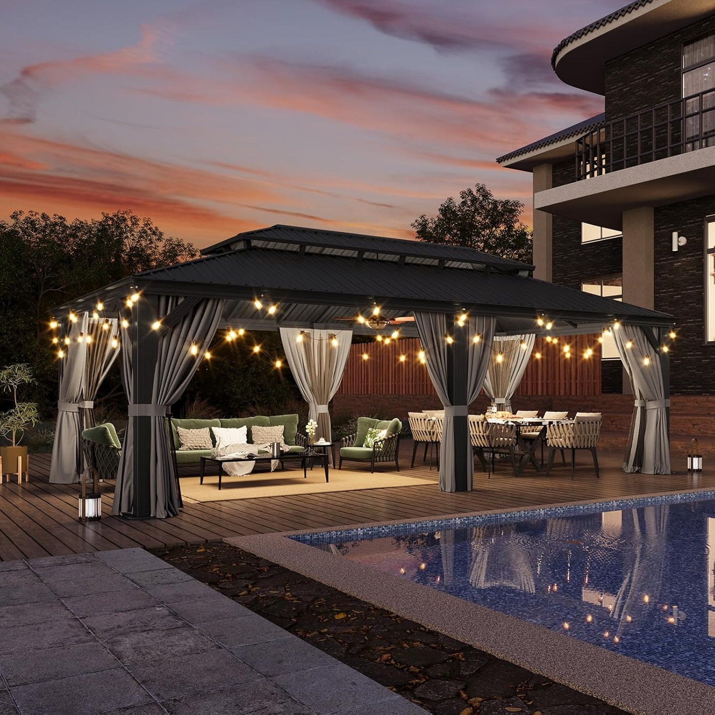 Aoxun 12' X 24' Hardtop Gazebo with Drainage System, Aluminum Outdoor Gazebo with Galvanized Steel Double Roof, Patio Permanent Metal Pavilion with Netting, for Garden, Deck, Grey