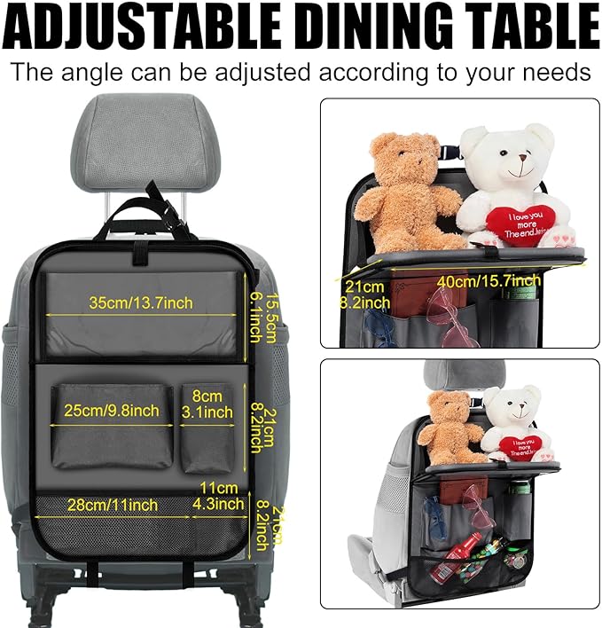 2 Pcs Backseat Car Organizers with Table Tray, 6 Storage Pockets Car Organizer with Tablet Holder, Kick Mats Protectors for Kids Travel Accessories Black, Unisex(Classic,Grey)