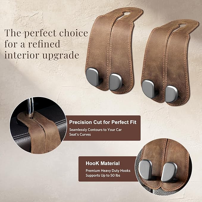 CoBak Genuine Leather Purse Hook for Car - Universal Premium Stitched Leather and Aluminum-Magnesium Alloy Double Car Seat Back Storage Hook for Purses, Handbags, Bags (2 Pack),Leather Brown
